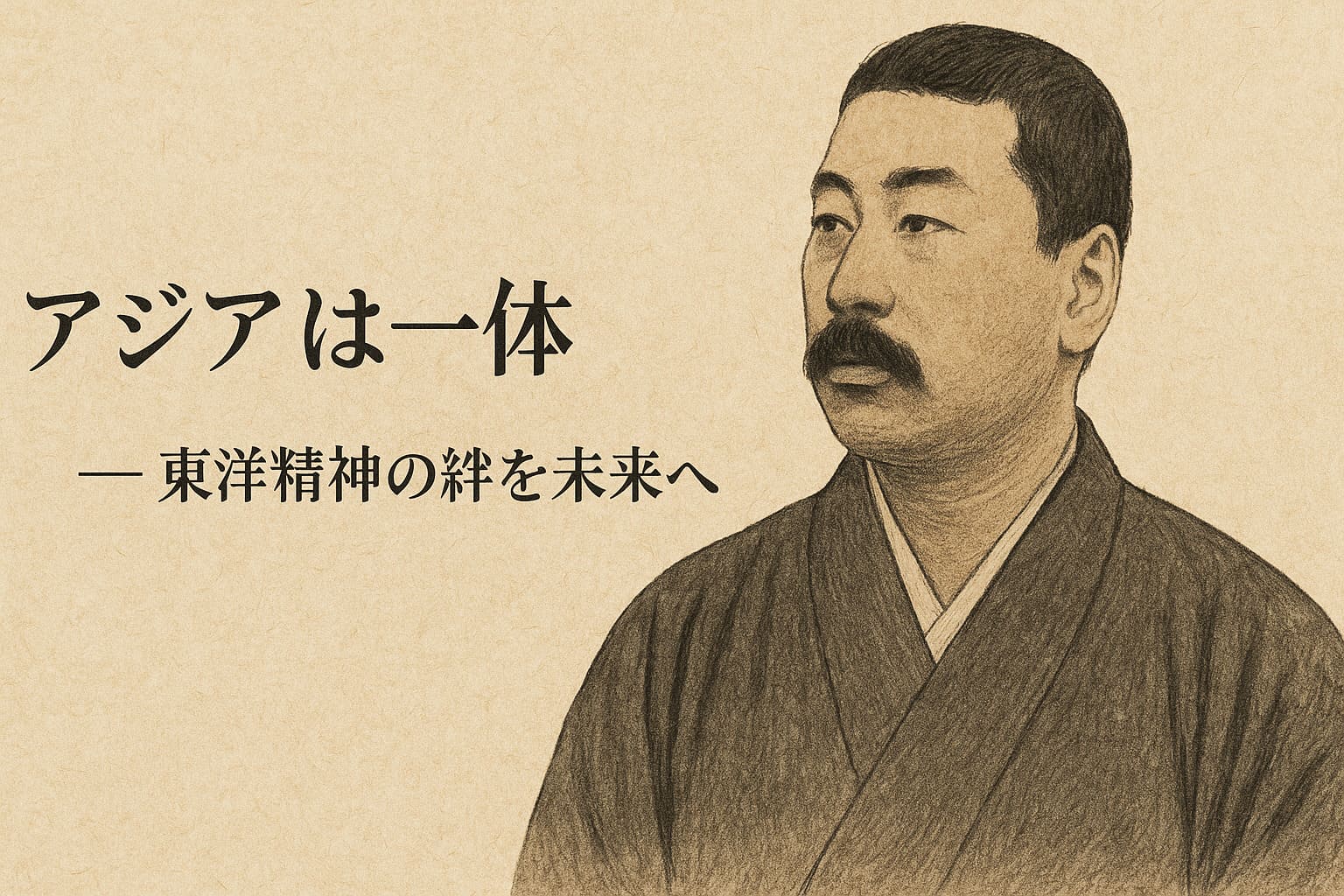 岡倉天心の肖像画風アイキャッチ。横長レイアウトに名言「アジアは一なり」とサブコピー入り