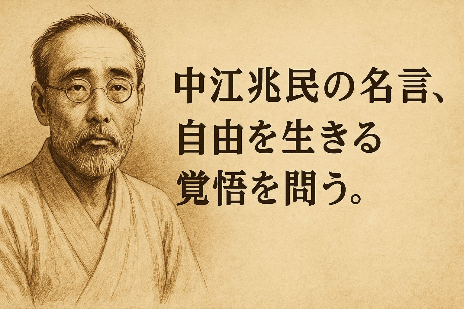 中江兆民の肖像画風イラストと「中江兆民の名言、自由を生きる覚悟を問う」という文字が描かれた横長デザイン