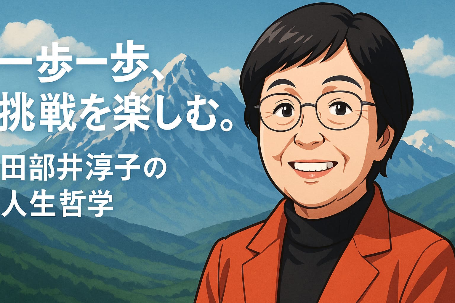 山を背景に笑顔で描かれたアニメ調の田部井淳子と「一歩一歩、挑戦を楽しむ。田部井淳子の人生哲学」の文字が入った横長イラスト