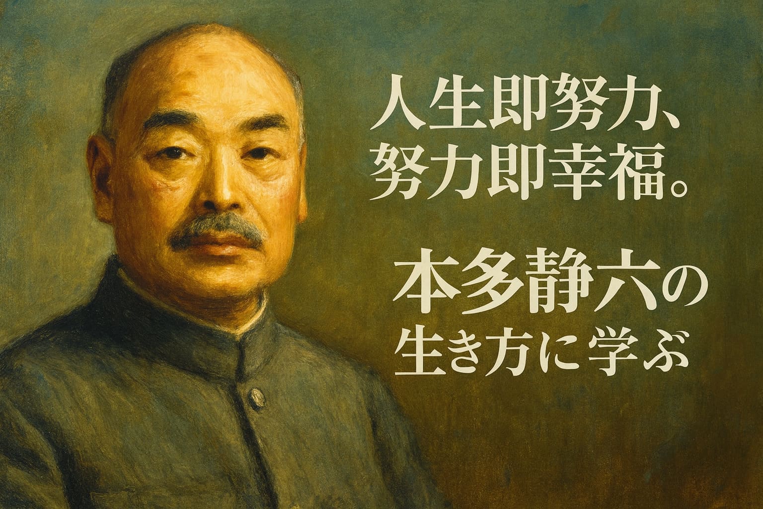 油絵風に描かれた本多静六の肖像と「人生即努力、努力即幸福」のコピーを入れた横長イラスト