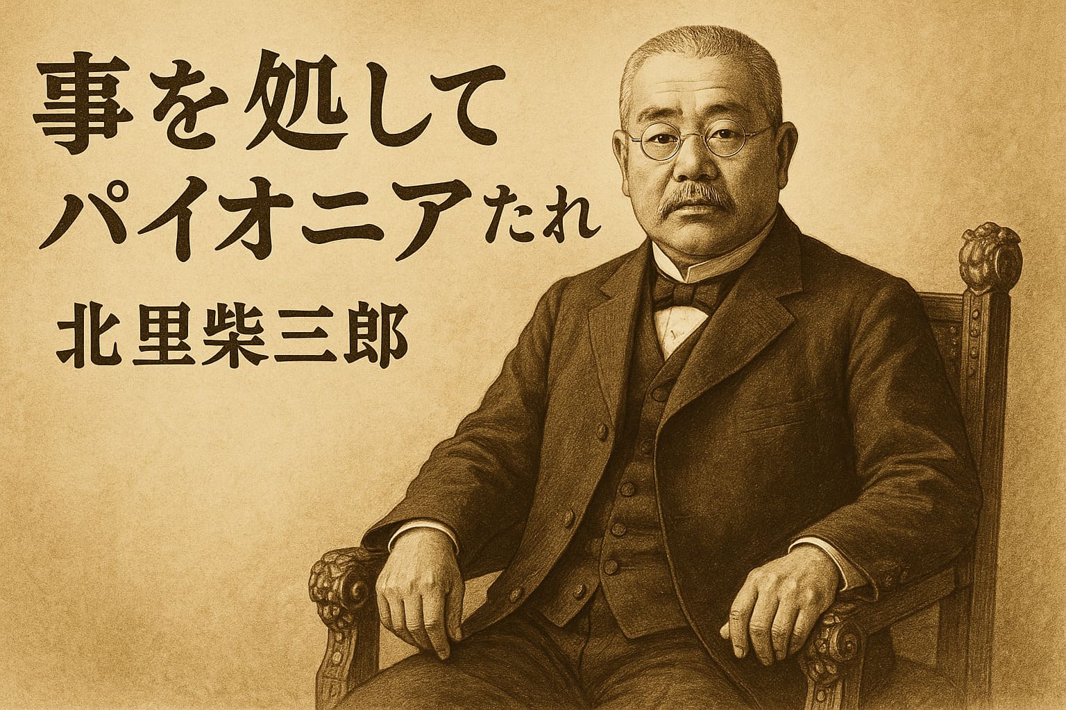 北里柴三郎の肖像画風イラストと名言「事を処してパイオニアたれ」が入った横長デザイン