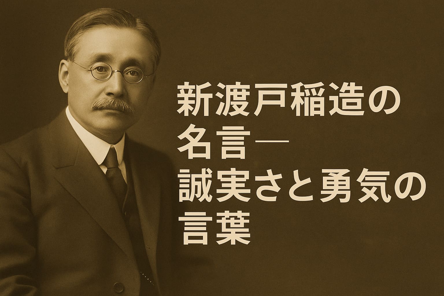 新渡戸稲造の肖像と「新渡戸稲造の名言 — 誠実さと勇気の言葉」の文字を配置した横長デザイン