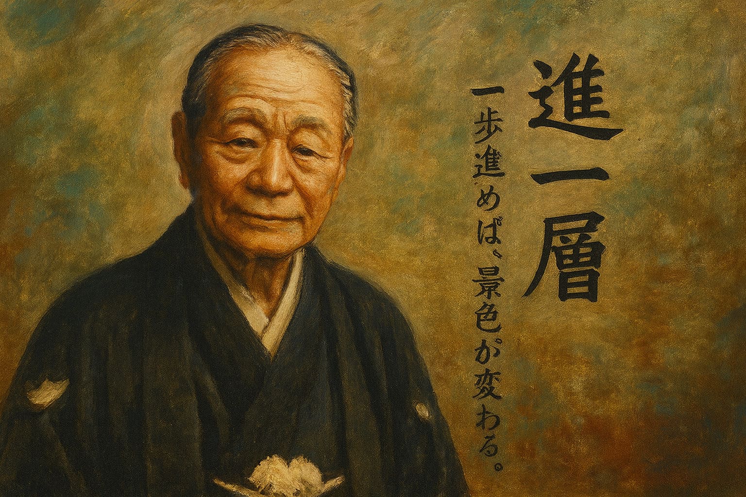 大倉喜八郎の肖像と「進一層」の精神を示す横長油絵風イラスト
