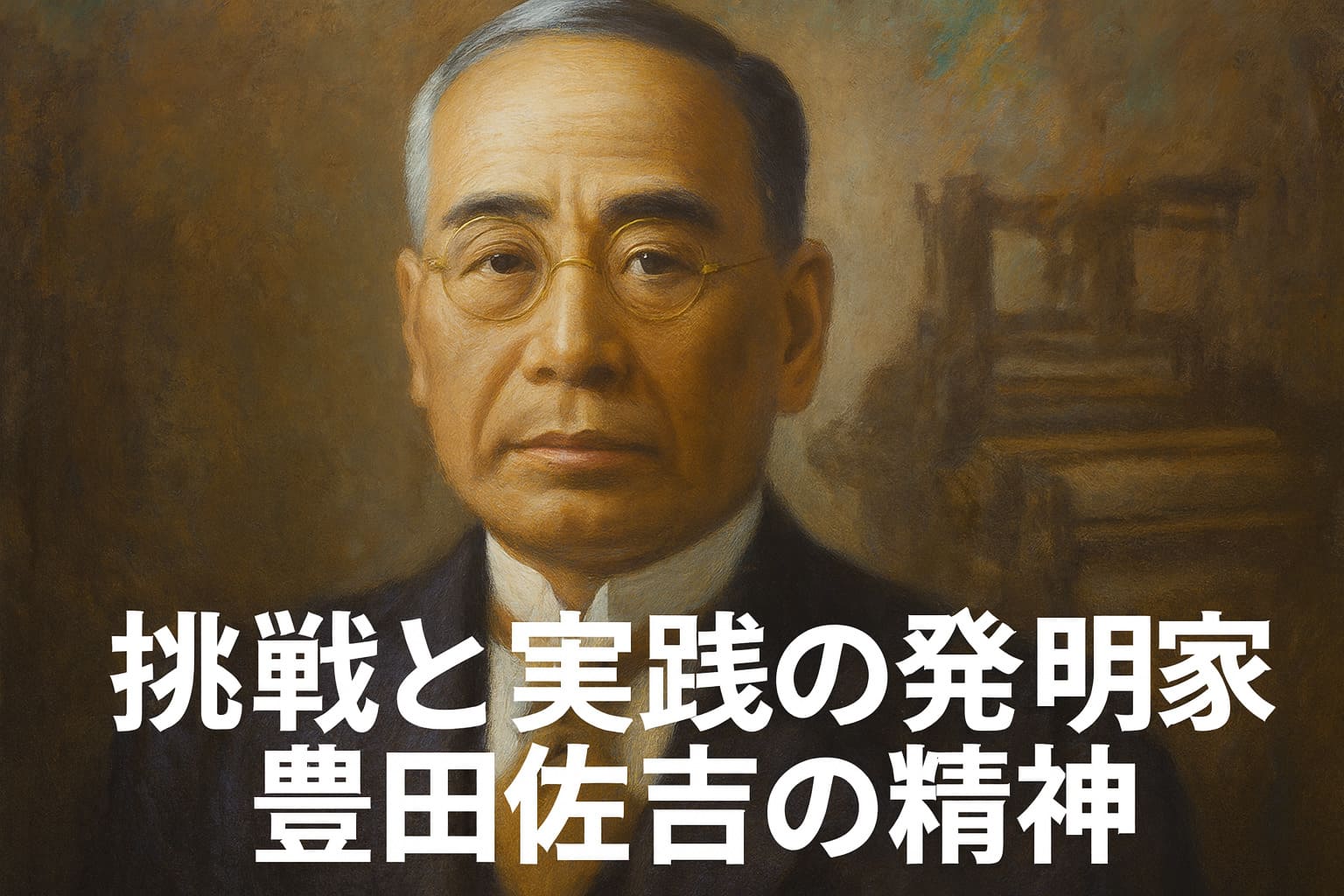発明家・豊田佐吉の肖像と自動織機のイラスト。挑戦と実践の精神を表現