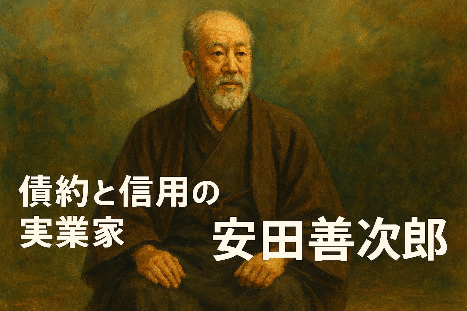 安田善次郎を描いた横長油絵調のアイキャッチイラスト。落ち着いた和風背景に「倹約と信用の実業家　安田善次郎」のコピー入り。