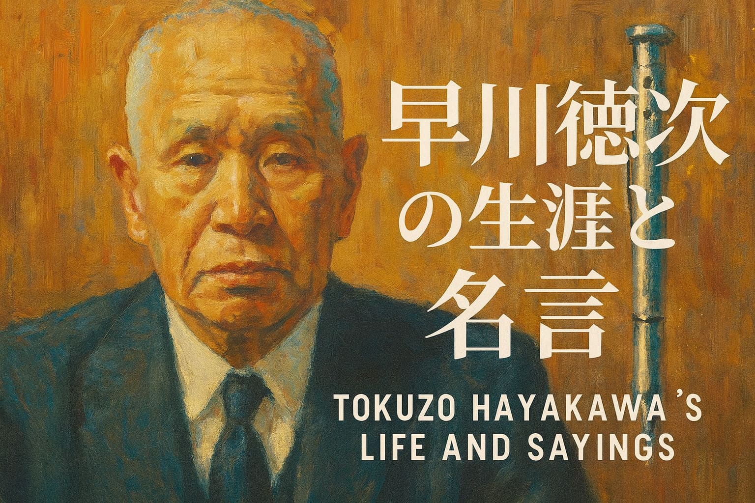 シャープ創業者・早川徳次の油絵風肖像アイキャッチ。横長構図で「早川徳次の生涯と名言」の文字入り。