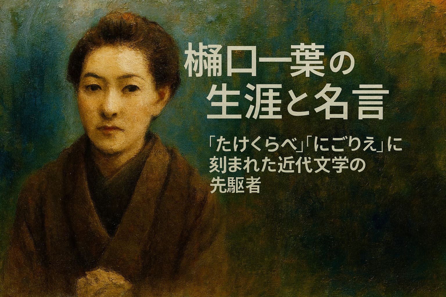 樋口一葉の肖像を油絵調で描いた横長イラスト。「樋口一葉の生涯と名言」というコピー入り。