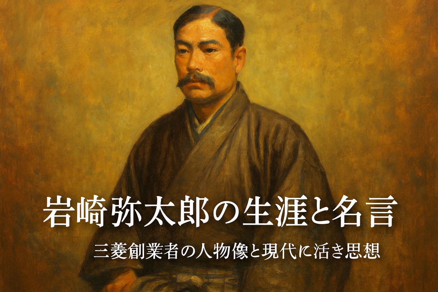 岩崎弥太郎の肖像を油絵調に描いた横長アイキャッチ画像。「岩崎弥太郎の生涯と名言　三菱創業者の人物像と現代に活きる思想」というコピー入り