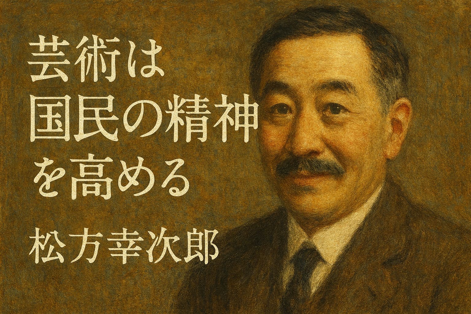 松方幸次郎の肖像を背景に「芸術は国民の精神を高める」と記した油絵風の横長イラスト