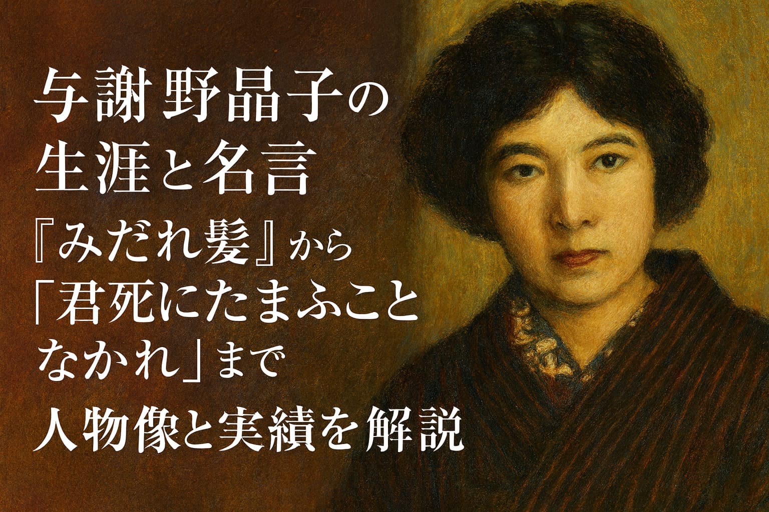 与謝野晶子の肖像を油絵調に描いた横長のアイキャッチ画像。「生涯と名言｜『みだれ髪』から『君死にたまふことなかれ』まで人物像と実績を解説」と大きく記されたデザイン。