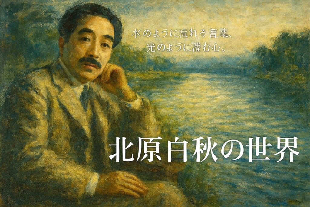 北原白秋の肖像をイメージした油絵風の横長イラスト。詩人らしい静謐な表情で、背景には柳川の水面が淡く輝く。