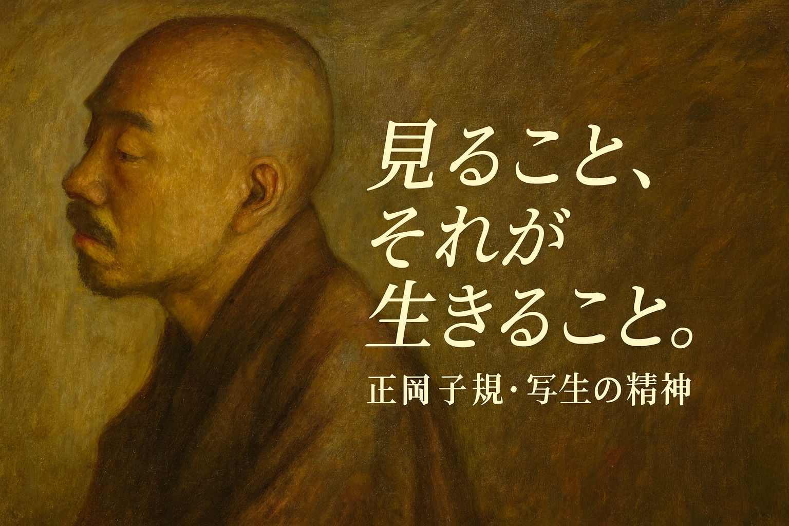 正岡子規の肖像と「写生の精神」を象徴する油絵調の横長イラスト