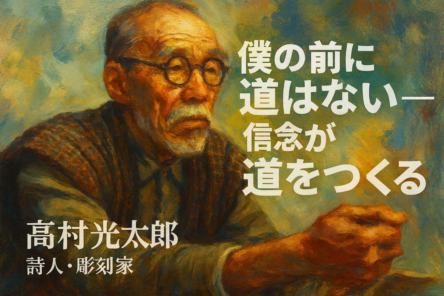 詩人・彫刻家 高村光太郎の肖像と『道程』の一節「僕の前に道はない」を重ねた油絵風イメージ