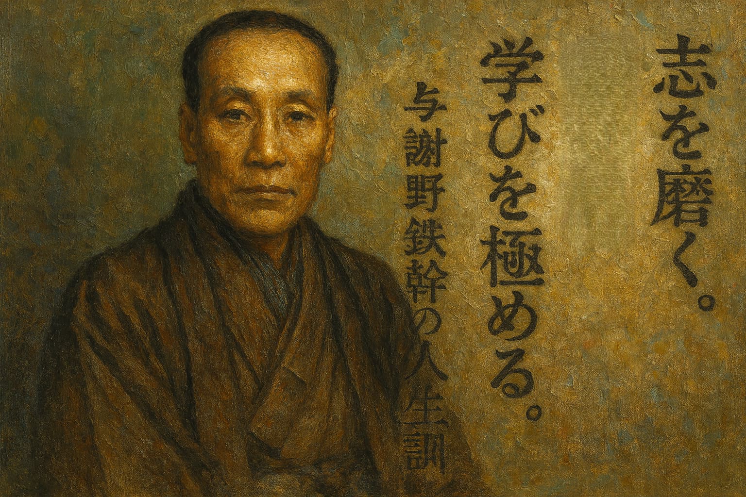 与謝野鉄幹の肖像を描いた油絵調のイラスト。「志を磨く。学びを極める。」の言葉とともに、知性と情熱を感じさせる落ち着いた雰囲気のアイキャッチ画像。