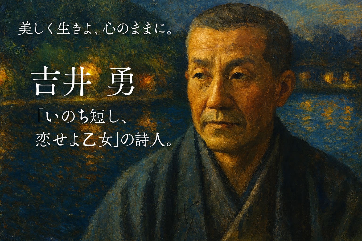 美しく生きよ、心のままに。京都・祇園を愛し、「いのち短し、恋せよ乙女」を残した詩人・吉井勇の油絵調アイキャッチ。