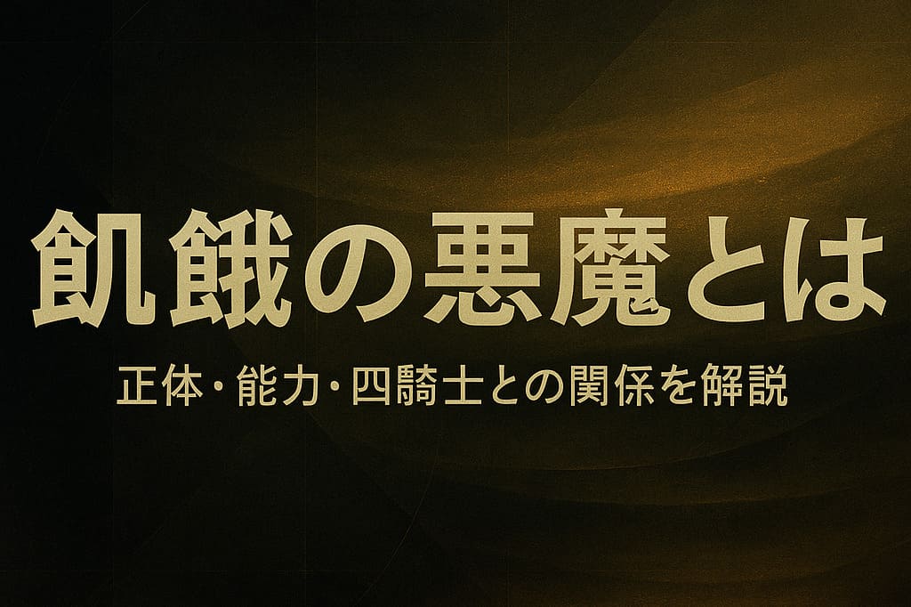 チェンソーマンの飢餓の悪魔をテーマに、深い黒と金色のグラデーションで構成した抽象背景に大きなタイトル文字「飢餓の悪魔とは」が配置された横長アイキャッチ画像。