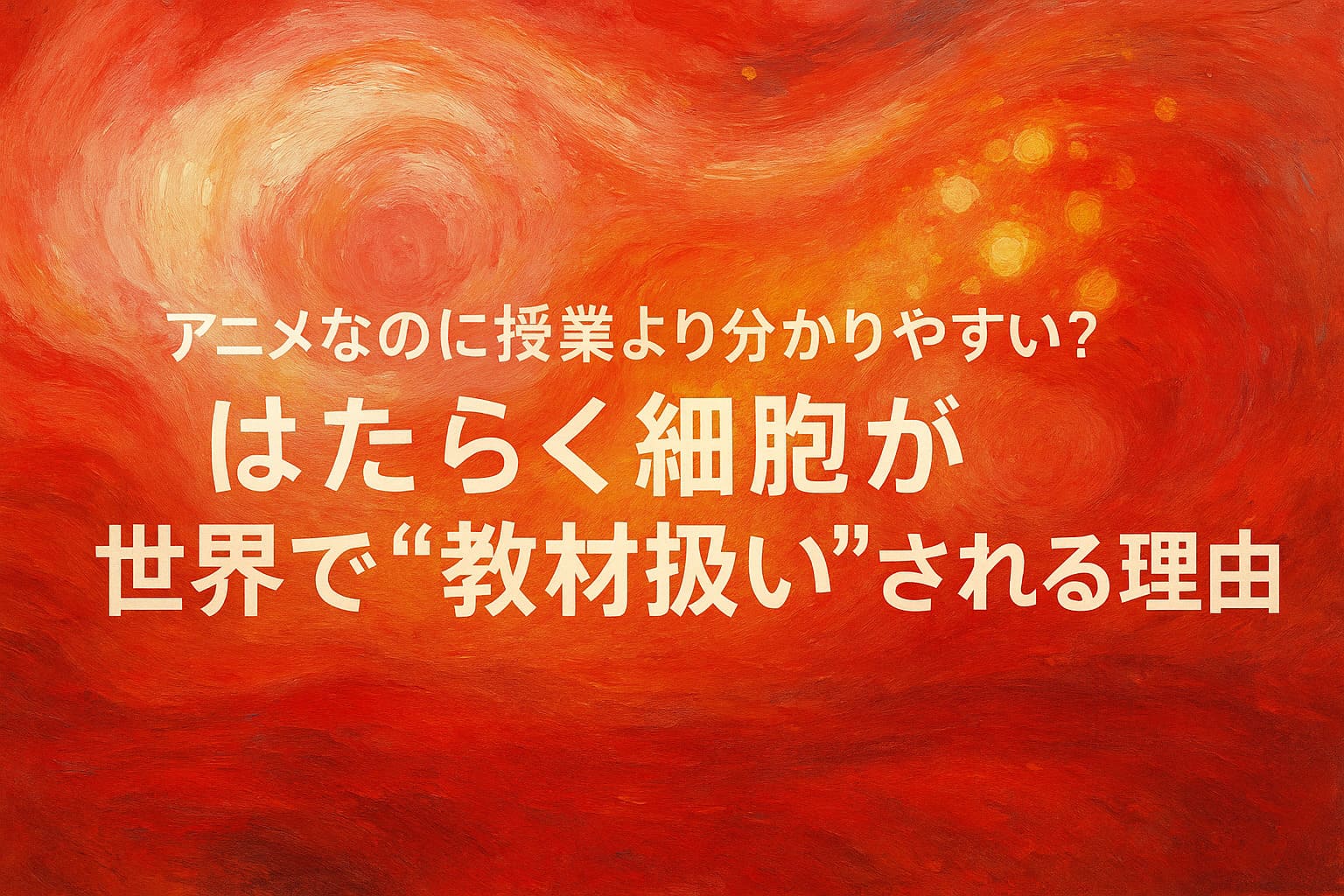 『はたらく細胞』の記事用アイキャッチ（学習テーマを抽象的に表現した横長の油絵調背景）