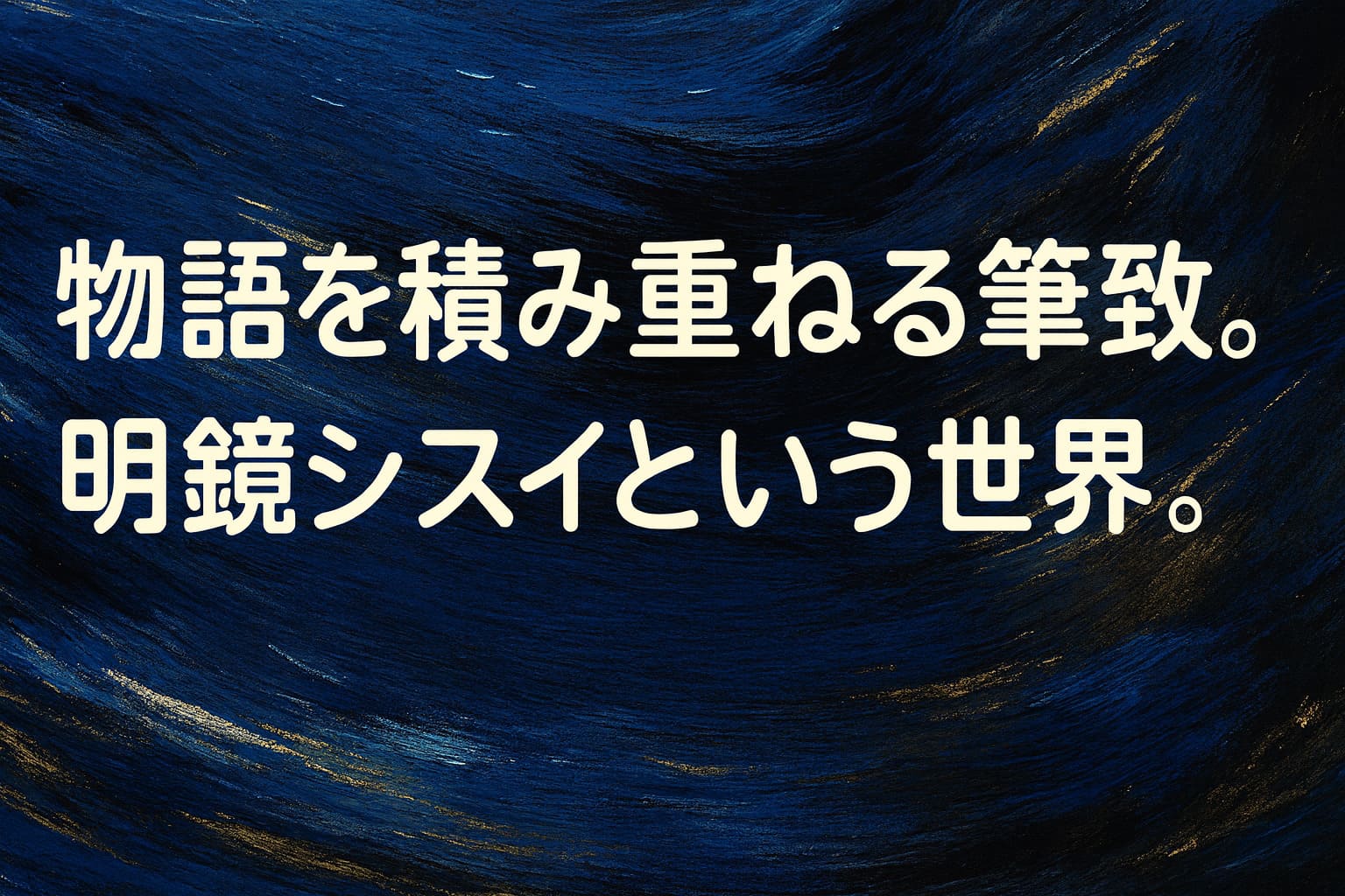 明鏡シスイの作品世界をイメージした、横長ワイド構図のポップな油絵調抽象アイキャッチ画像。中央に大きくコピーが配置されたデザイン。