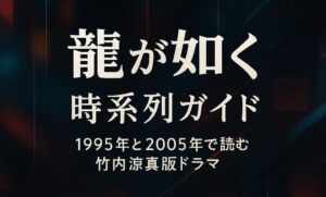「ドラマ版『龍が如く ～Beyond the Game～』のネオンと闇の世界観」と 「1995年と2005年、二つの時間軸が交差する物語」 をモダンな抽象デザイン