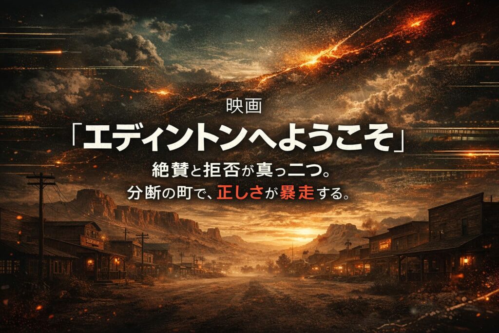 映画『エディントンへようこそ』の評判・口コミまとめを示す、西部の町並みを背景に大きなタイトル文字を配置した横長アイキャッチ画像